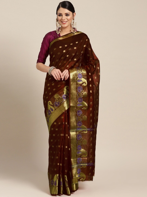 

Chhabra 555 Brown & Gold-Toned Paisley Zari Silk Cotton Chanderi Saree