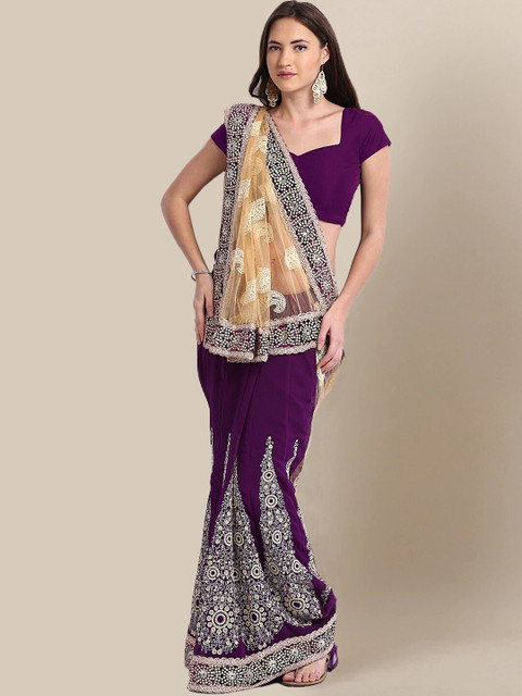 

Chhabra 555 Purple & Gold-Toned Paisley Sequinned Net Half and Half Saree