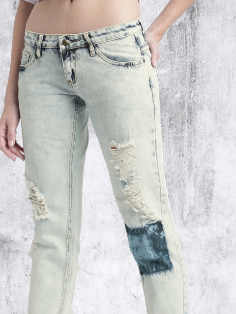 

RDSTR Blue Slim Fit Mid-Rise Cropped Distressed Jeans with Patchwork