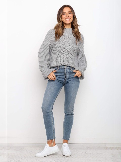 

BelleRUE Women Grey Cable Knit Pullover