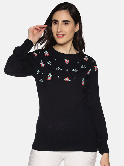 

DAiSY Women Navy Blue Self Design Open Knit Sweater