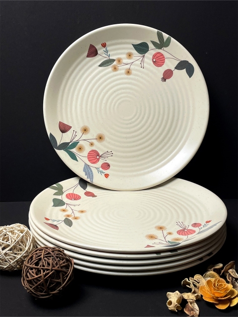

LIVING ROOTS Set Of 6 Off White & Pink Floral Printed Melamine Matte Dinner Plates