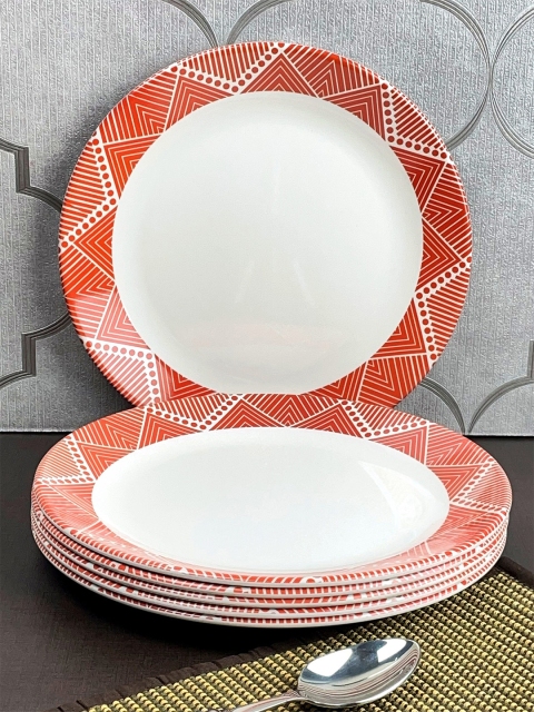 

LIVING ROOTS Set Of 6 White & Orange Printed Melamine Dishwasher & Microwave Safe Plates