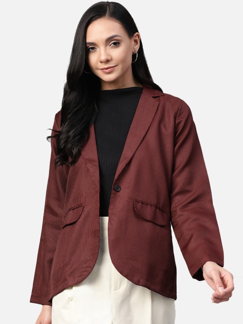 

Jompers Women Maroon Checked Single-Breasted Casual Blazer