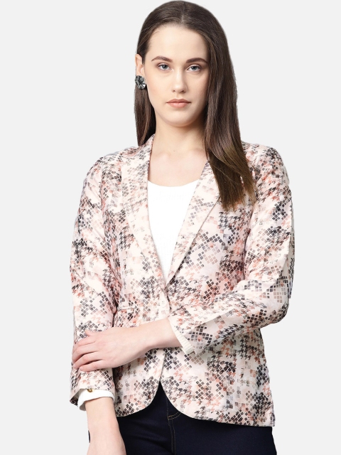 

Jompers Women Peach & Grey Printed Single Breasted Blazer