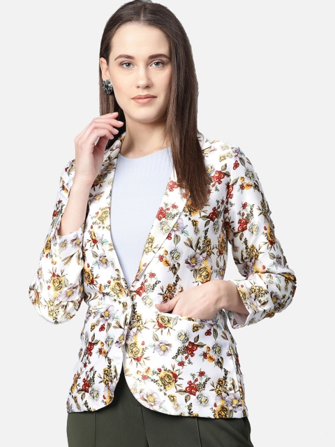 

Jompers Women White Floral Printed Single Breasted Casual Blazer