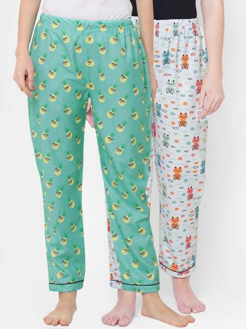 

FashionRack Women Pack Of 2 Printed Cotton Lounge Pants, Green