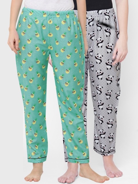 

FashionRack Women Pack Of 2 Grey & Green Printed Cotton Lounge Pants