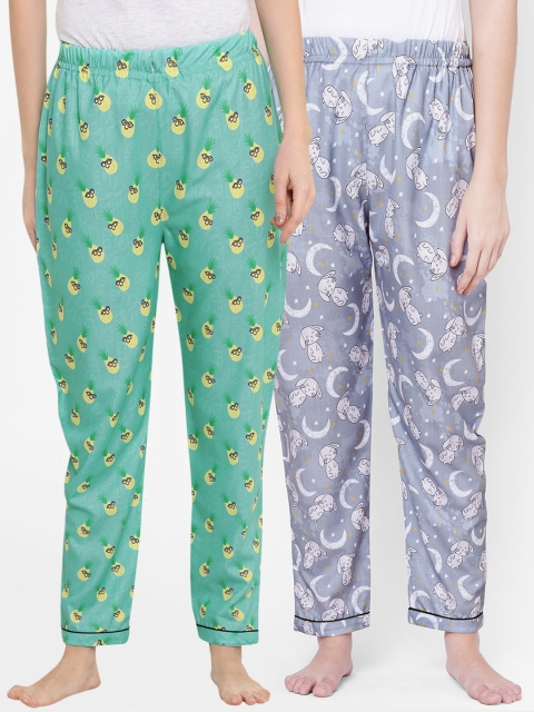 

FashionRack Women Pack Of 2 Green & Grey Printed Cotton Lounge Pants