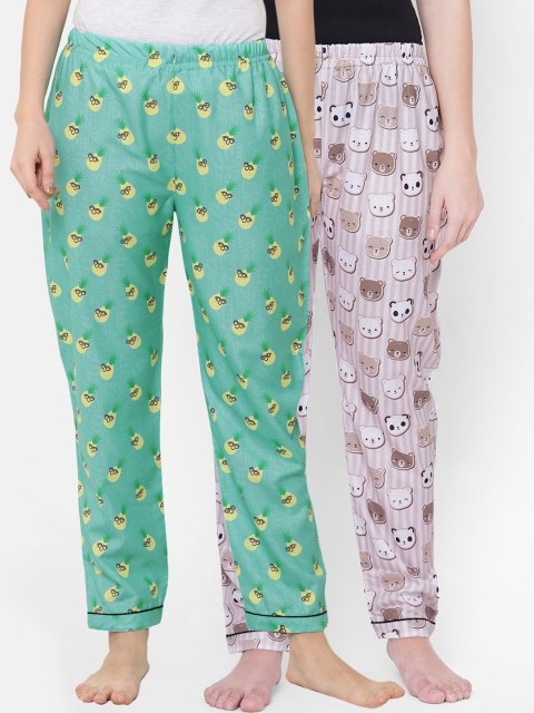 

FashionRack Women Green & Brown Set Of 2 Printed Lounge Pants
