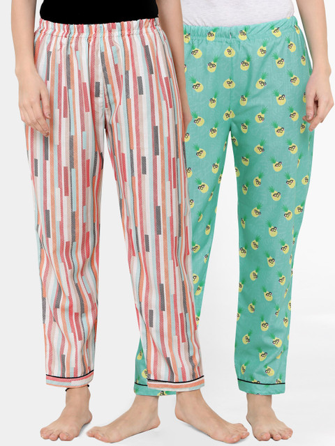 

FashionRack Women Green & Multicoloured Set of 2 Printed Cotton Lounge Pants
