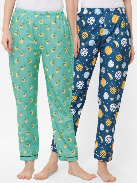 

FashionRack Pack of 2 Women Green & Blue Printed Lounge Pants