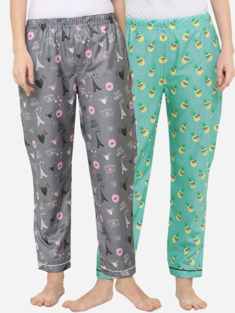 

FashionRack Women Pack Of 2 Printed Cotton Lounge Pants, Green