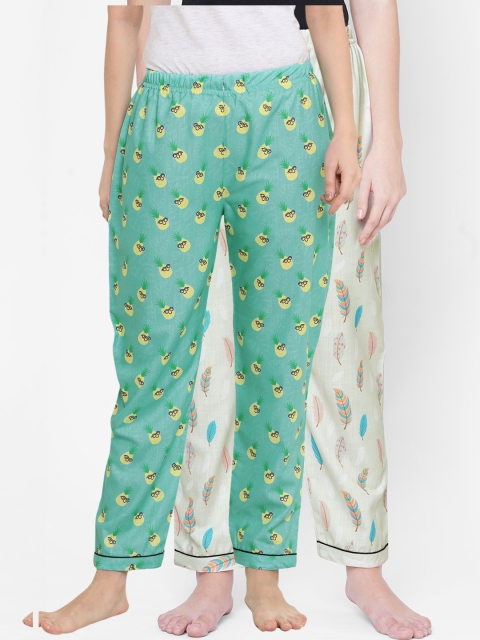 

FashionRack Women Pack Of 2 Cream-Coloured & Green Printed Cotton Lounge Pants