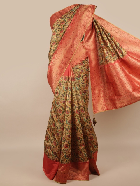 

Pothys Green & Orange Floral Zari Jute Silk Saree