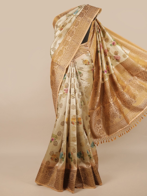 

Pothys Cream-Coloured & Brown Floral Jute Silk Saree