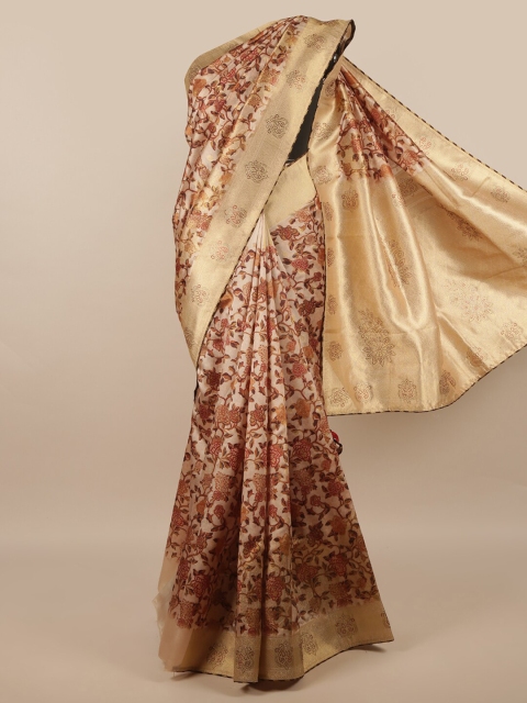 

Pothys Cream-Coloured & Brown Floral Sequinned Jute Silk Saree