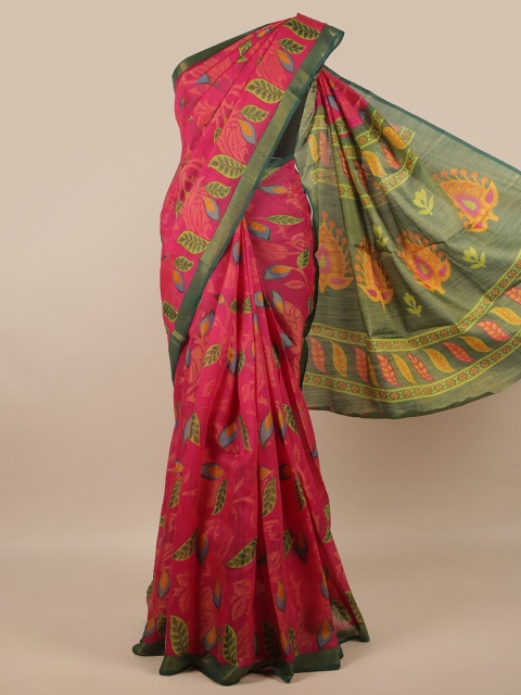 

Pothys Pink & Green Floral Jute Silk Saree
