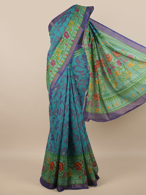 

Pothys Blue & Green Floral Zari Jute Silk Saree