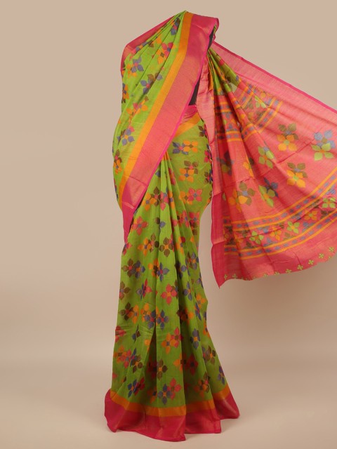 

Pothys Green & Pink Floral Zari Jute Silk Saree