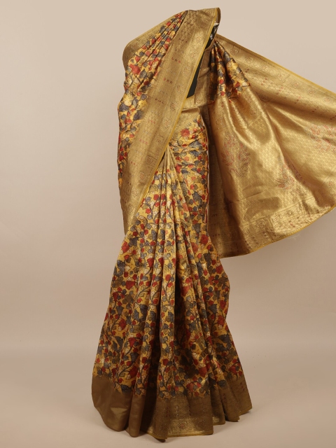 

Pothys Mustard & Gold-Toned Floral Zari Jute Silk Saree