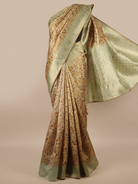 

Pothys Cream-Coloured & Green Floral Zari Jute Silk Saree
