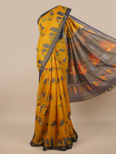 

Pothys Mustard & Blue Floral Zari Jute Silk Saree