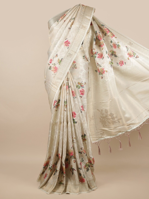 

Pothys Off White & Green Floral Beads and Stones Jute Silk Saree
