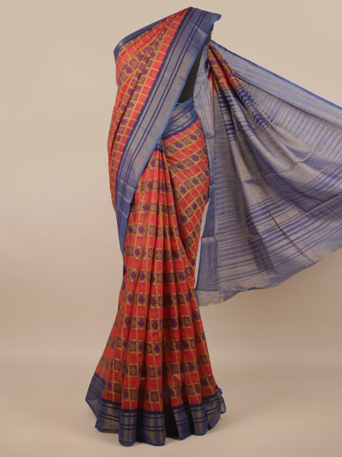 

Pothys Red & Blue Checked Zari Jute Silk Saree
