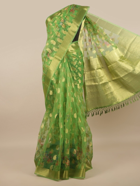 

Pothys Green & Gold-Toned Paisley Zari Organza Saree