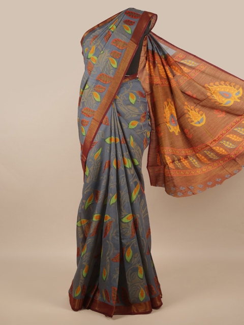

Pothys Grey & Brown Floral Zari Jute Silk Saree