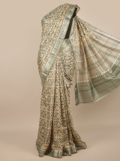 

Pothys Green & Beige Batik Jute Silk Saree