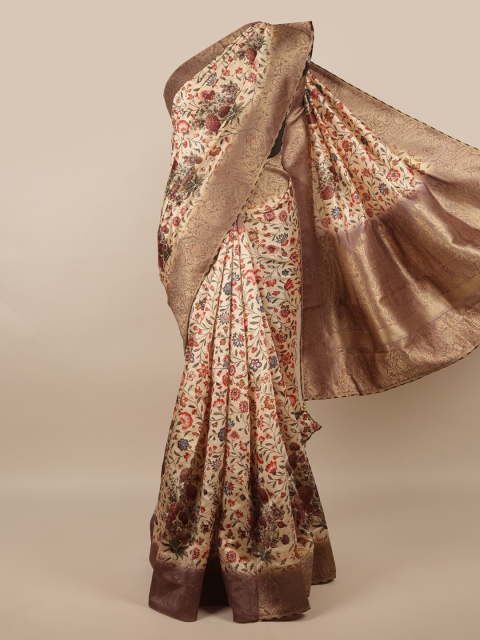 

Pothys Cream-Coloured & Red Floral Beads and Stones Jute Silk Saree