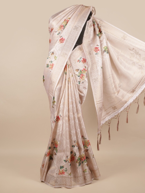 

Pothys Cream-Coloured & Red Floral Zari Jute Silk Saree