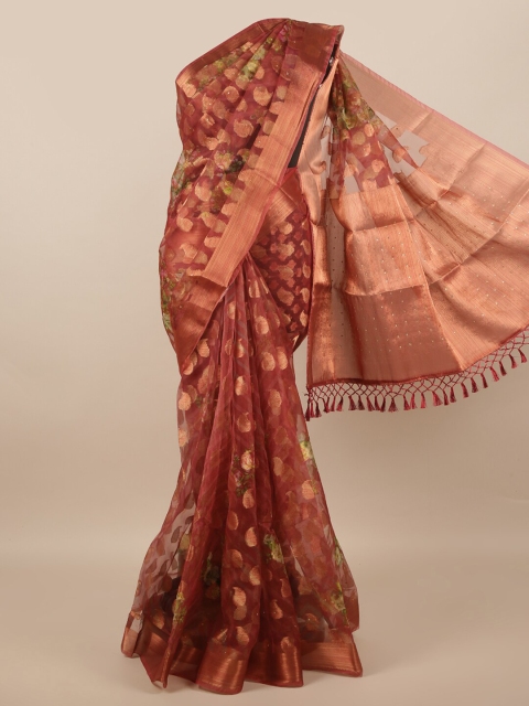 

Pothys Maroon & Copper Geometric Woven Design Beads & Stones Saree