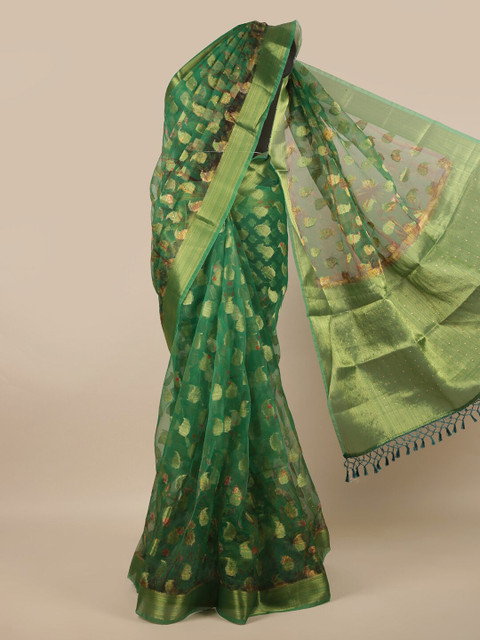 

Pothys Green & Gold-Toned Woven Design Zari Organza Saree