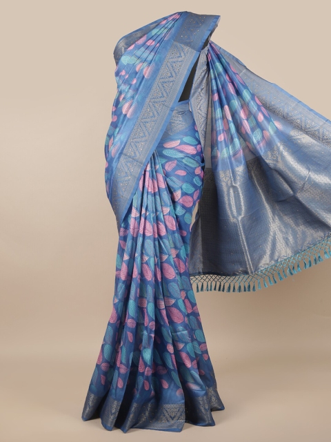 

Pothys Blue & Pink Floral Beads and Stones Jute Silk Saree