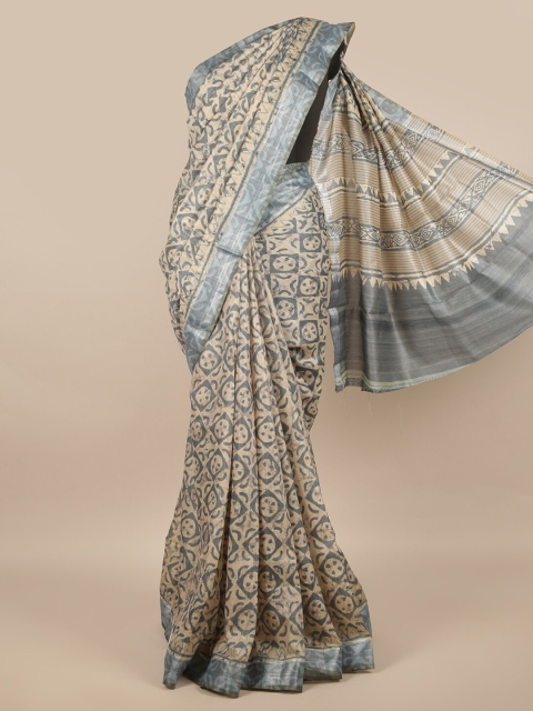 

Pothys Cream-Coloured & Grey Batik Jute Silk Saree