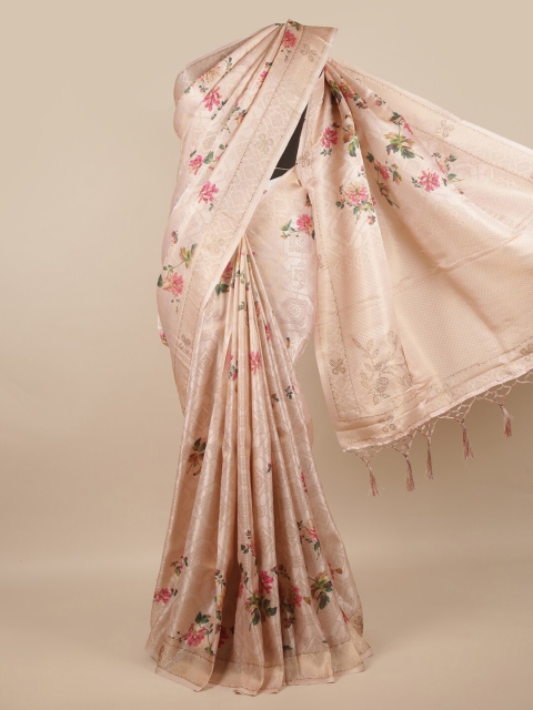 

Pothys Cream-Coloured & Fuchsia Floral Beads and Stones Jute Silk Saree