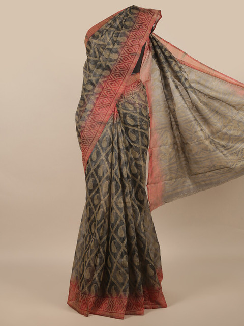 

Pothys Grey & Red Ethnic Motifs Jute Silk Saree