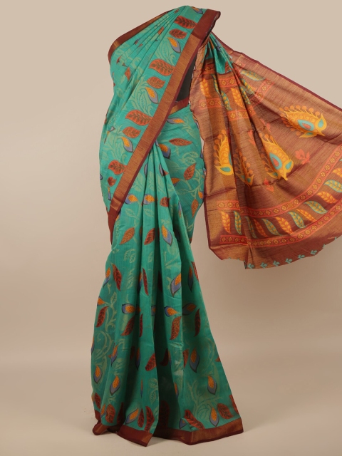 

Pothys Green & Brown Floral Zari Jute Silk Saree