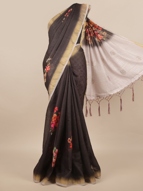 

Pothys Black & Gold-Toned Floral Zari Linen Blend Saree