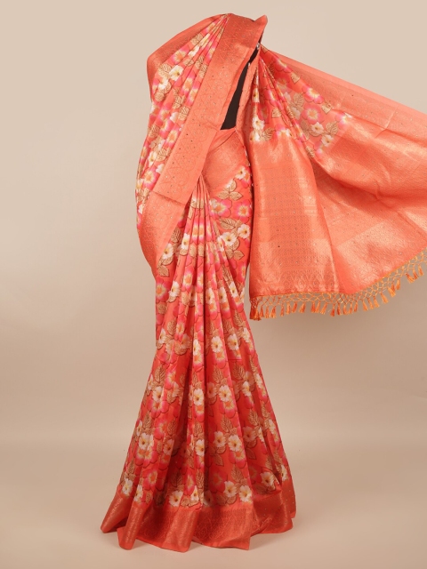 

Pothys Pink & Cream-Coloured Floral Beads and Stones Jute Silk Saree