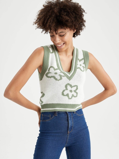 

DeFacto Women Green & White Floral Printed Sweater Vest