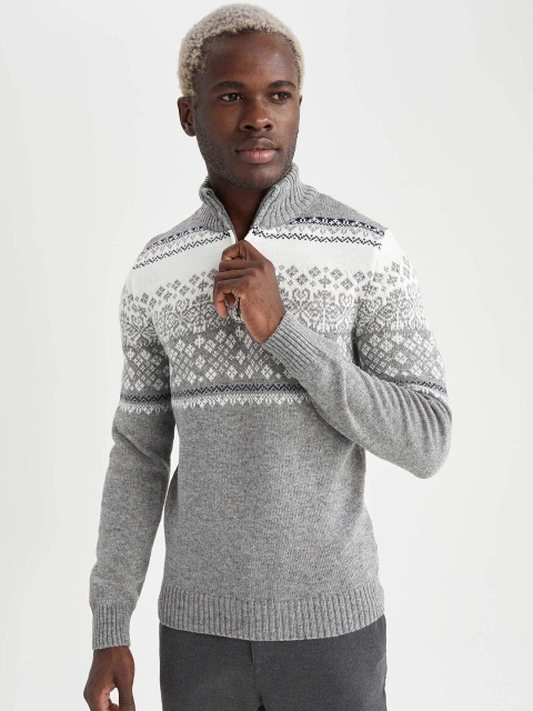 

DeFacto Men Grey Melange & White Fair Isle Pullover