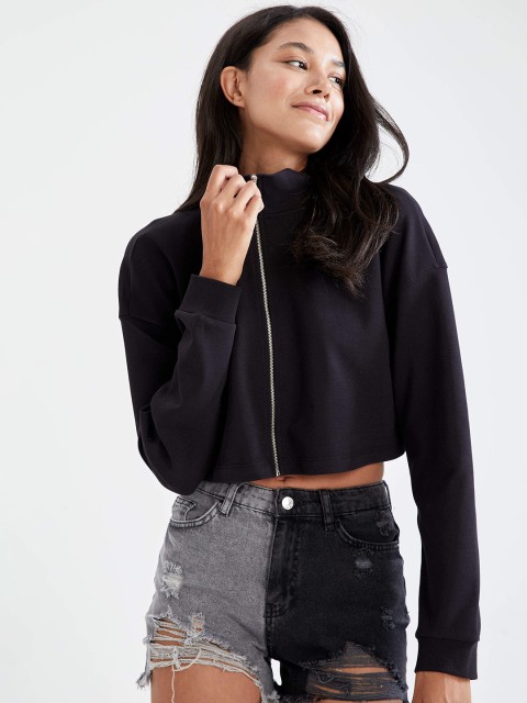 

DeFacto Women Black Solid Cotton Crop Tailored Jacket