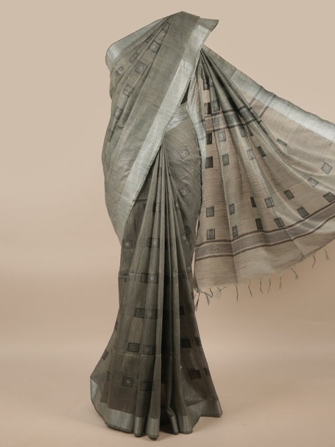 

Pothys Grey & Silver-Toned Zari Linen Blend Saree