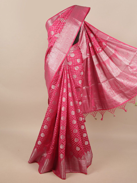 

Pothys Pink & Silver-Toned Floral Zari Jute Silk Saree