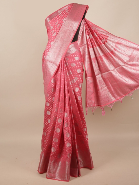 

Pothys Pink & Silver-Toned Ethnic Motifs Zari Jute Silk Saree