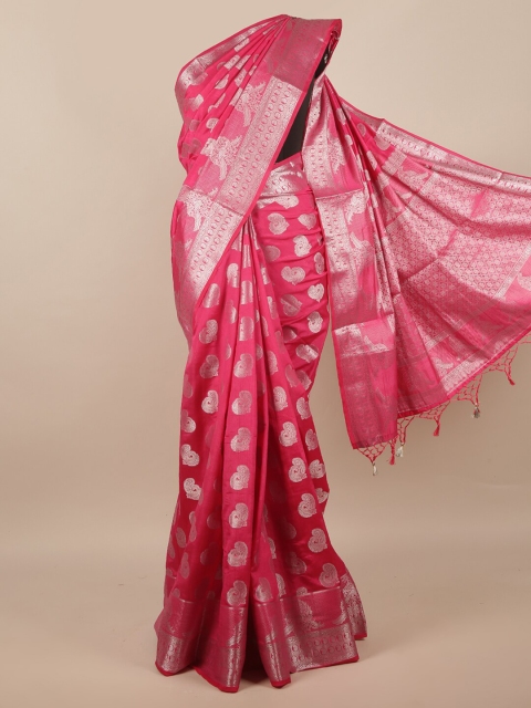 

Pothys Pink & Silver-Toned Woven Design Zari Jute Silk Saree